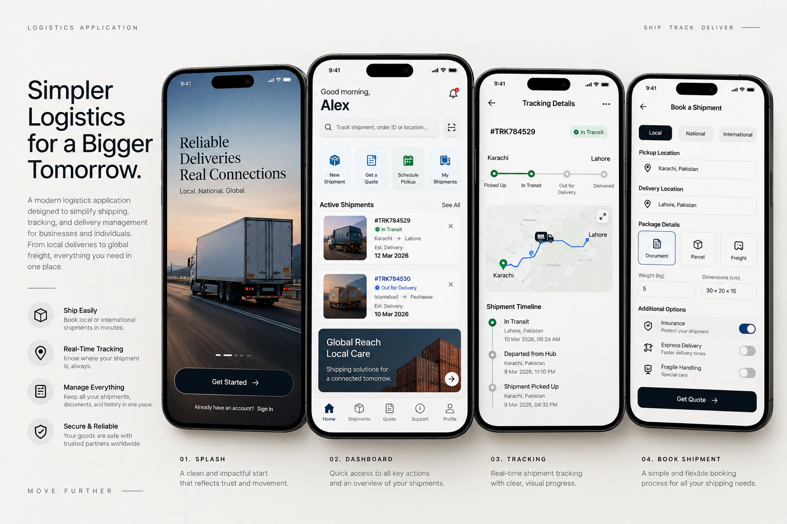 Logistic mobile app screens showing shipment tracking, delivery status and map-based route information.