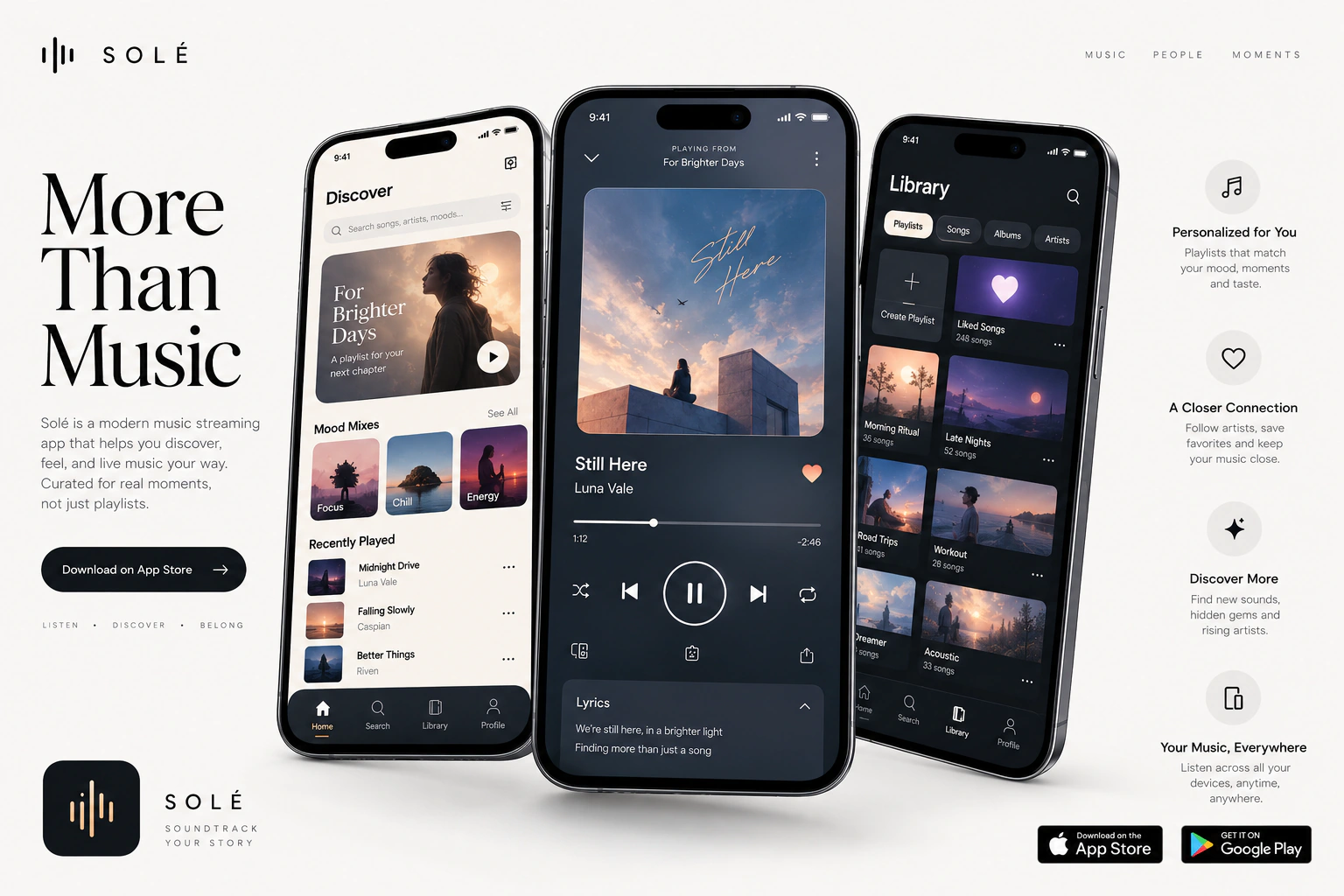 Solé music app screens showing discovery, playback controls, track information and a personal library.