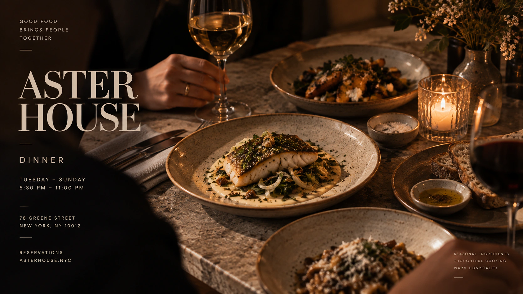 Aster House restaurant campaign cover showing a plated meal, warm candlelight and editorial typography.