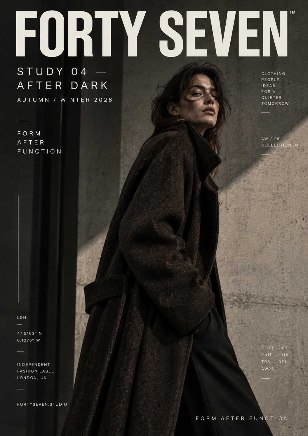 Forty Seven fashion campaign cover featuring a model in a dark coat and condensed white typography.