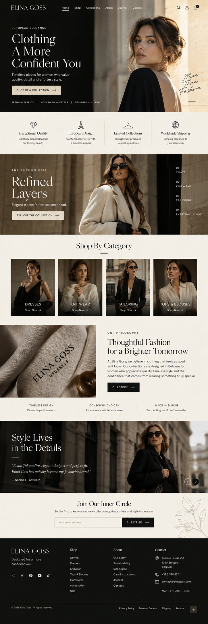 Elina Goss fashion e-commerce website with editorial photography, product categories and shopping content.