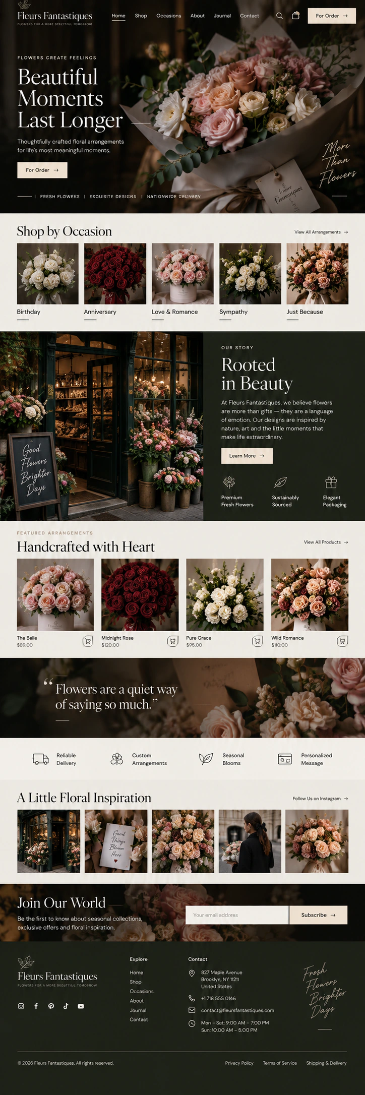 Fleurs Fantastiques floral e-commerce website showing flower arrangements, categories and editorial product content.