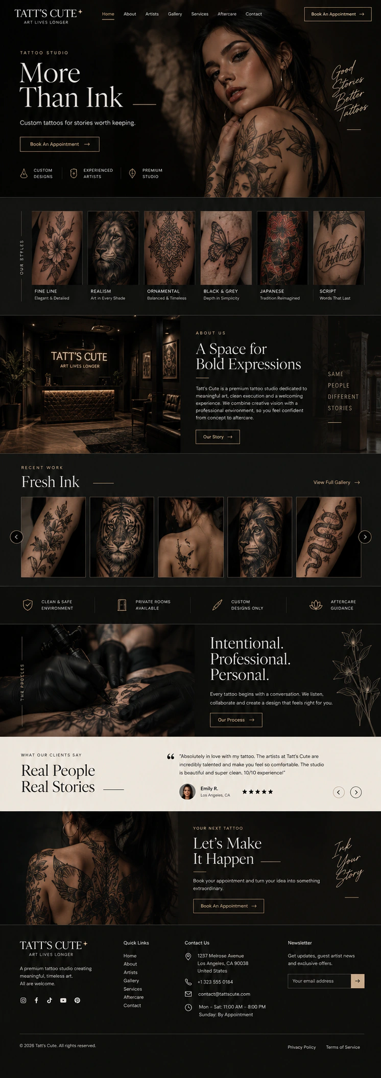 Tatt's Cute tattoo studio website with dark photography, service information and booking-focused content.